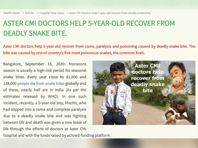 Aster CMI doctors help 5-yr old recover from deadly snake bite