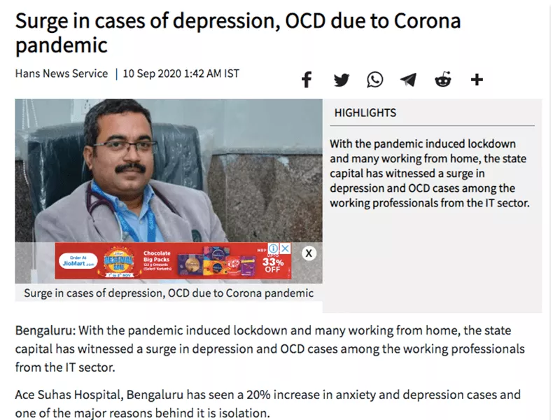Surge in cases of depression, OCD due to Corona pandemic